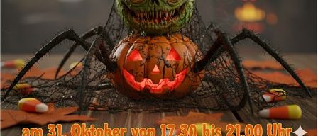 Ein Kürbis in Halloween-Thematik mit einer spinnenartigen Verkleidung sitzt auf einem Tisch mit Halloween-Dekorationen. Es steht '31. Oktober von 17:30 bis 21:00 Uhr'. Die Veranstaltung wird von der Bruckneudorf-Gemeinde ausgerichtet.