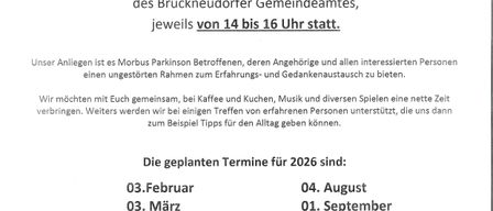 Das Parkinson-Cafe lädt jeden 1. Montag im Monat ein. Die Veranstaltung findet im Gemeindehaus von 14 bis 16 Uhr statt. Für Parkinson-Betroffene, Angehörige und alle Interessierten. Kaffee, Kuchen, Musik, Spiele und Austausch. Tipps von erfahrenen Mitgliedern.