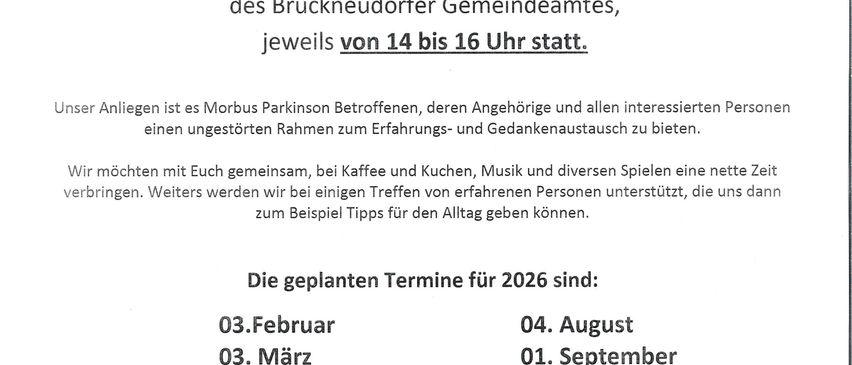 Das Parkinson-Cafe lädt jeden 1. Montag im Monat ein. Die Veranstaltung findet im Gemeindehaus von 14 bis 16 Uhr statt. Für Parkinson-Betroffene, Angehörige und alle Interessierten. Kaffee, Kuchen, Musik, Spiele und Austausch. Tipps von erfahrenen Mitgliedern.