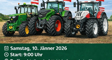 Plakat für eine Traktorenparade, die sich für gesunde Lebensmittel in Europa einsetzt. Es steht '#NeinZuMERCOSUR'. Drei Traktoren mit Flaggen sind zu sehen. Datum: Samstag, 10. Jänner 2026. Startzeit: 9:00 Uhr. Treffpunkt: Parndorf, Heidehofweg. Route: Parndorf - Outlet Center - Neusiedl am See - zurück nach Parndorf. Veranstaltung endet mit einer Kundenversammlung.
