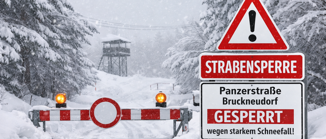 Verschneite Straße mit geschlossenen Schildern und Warndreieck. Die Schilder weisen auf eine geschlossene Straße aufgrund starken Schneefalls hin.