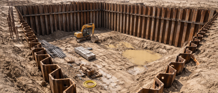 Ein Baugelände mit einem gelben Bagger, großen Stahlwandsegmenten und verschiedenen Materialien wie Metallstangen und Holzbrettern. Bäume und ein Zaun sind im Hintergrund zu sehen.