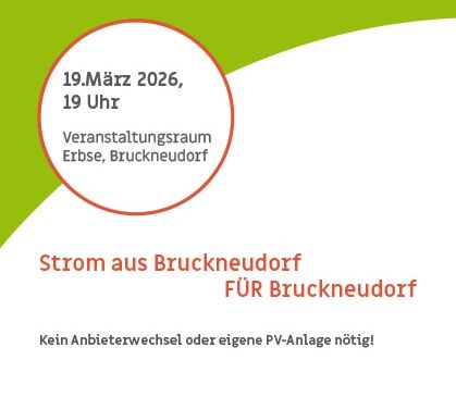 Poster invites to an information evening on Bruckneudorf's energy cooperative on March 19, 2026, at 19:00 in the Erbse event hall. It highlights no need for supplier change or PV installation.