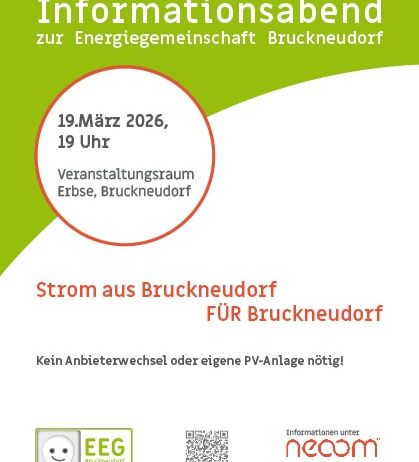 Einladungsposter für einen Informationsabend zur Energiegenossenschaft Bruckneudorf am 19. März 2026, um 19 Uhr im Veranstaltungsraum Erbse, Bruckneudorf. Es betont, dass kein Anbieterwechsel oder PV-Anlage notwendig ist.