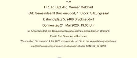 Invitation to a lecture on medicine and healing practices in ancient Rome, by Werner Melchart, on May 21, 2026, at 19:00, at Bruckneudorf community hall. Free admission, donations welcome. Contact info@archaeological-museum-bruckneudorf.at or +43 02162 62264.