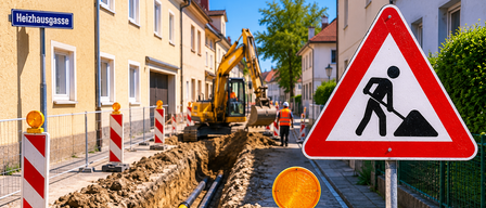 Eine Baustelle mit einem gelben Bagger, Rohren und einem Warnschild auf dem Bürgersteig. Ein Arbeiter in einer orangefarbenen Weste geht in der Nähe.