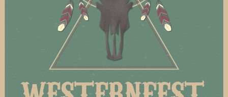 Plakat für Westernfest 2026, mit einem Cowboy-Schädel und Federn, vor einem grünen Hintergrund mit dem Text 'FERIENSPIEL 2026' oben. Das Event ist für den 8. August geplant.