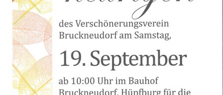 Plakat für die 'Herbst-Heurigen'-Veranstaltung des Verschönerungsvereins Bruckneudorf. Geplant für Samstag, 19. September, ab 10:00 Uhr im Rathaus Bruckneudorf. Mit Kinderspielplatz und Live-Musik der Band 'Talentfrei' ab 19:00 Uhr. Die Vereinsmitglieder heißen Sie willkommen.
