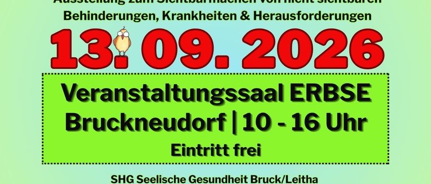 Plakat für eine regionale Vernetzung mit dem Titel 'No Sightbar' am 13. September 2026. Die Veranstaltung ist kostenlos und bietet eine Vielzahl von Therapien und Selbsthilfegruppen für Menschen mit Behinderungen.