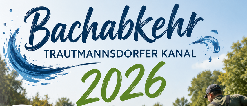Plakat für Bachabkehr Trautmannsdorfer Kanal 2026 mit Menschen, die einen Fluss mit Rechen reinigen, und einer Brücke im Hintergrund.