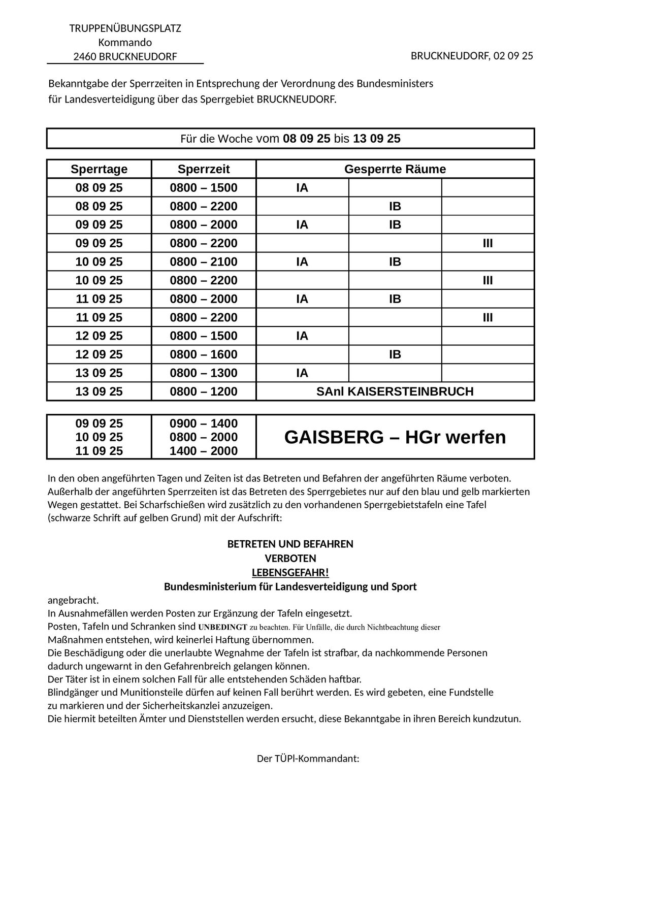 Eine Tabelle bietet Zeitpläne für Betriebszeiten, Uhrzeiten und ausgewiesene Bereiche für die Woche vom 08.09.25 bis 13.09.25. Getrennte Bereiche für IA und IB sind mit Zeiten und Orten aufgeführt. Eine weitere Tabelle bietet Zeitpläne für Betriebszeiten, Uhrzeiten und ausgewiesene Bereiche für die Woche vom 09.09.25 bis 14.09.25.