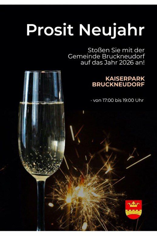 Ein Poster mit einem Champagnerglas, Feuerwerk und einem Logo. Der Text 'Prosit Neujahr' lädt zur Feier des neuen Jahres mit der Bruckneudorfer Gemeinschaft ein.