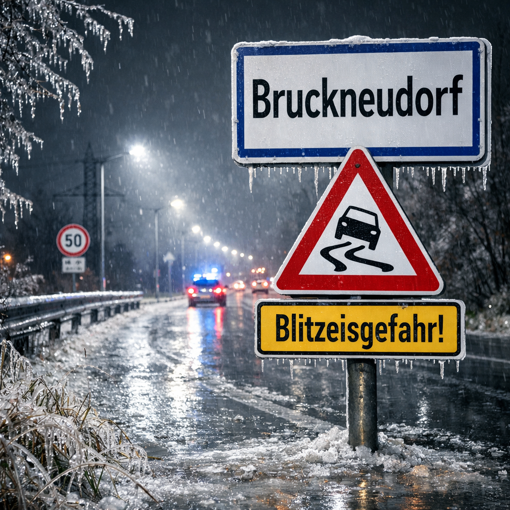 Eine nasse Straße mit eisigen Bedingungen. Ein Auto mit eingeschalteten Lichtern fährt die Straße hinunter. Schilder zeigen Brucknerdorf und warnen vor Eis.