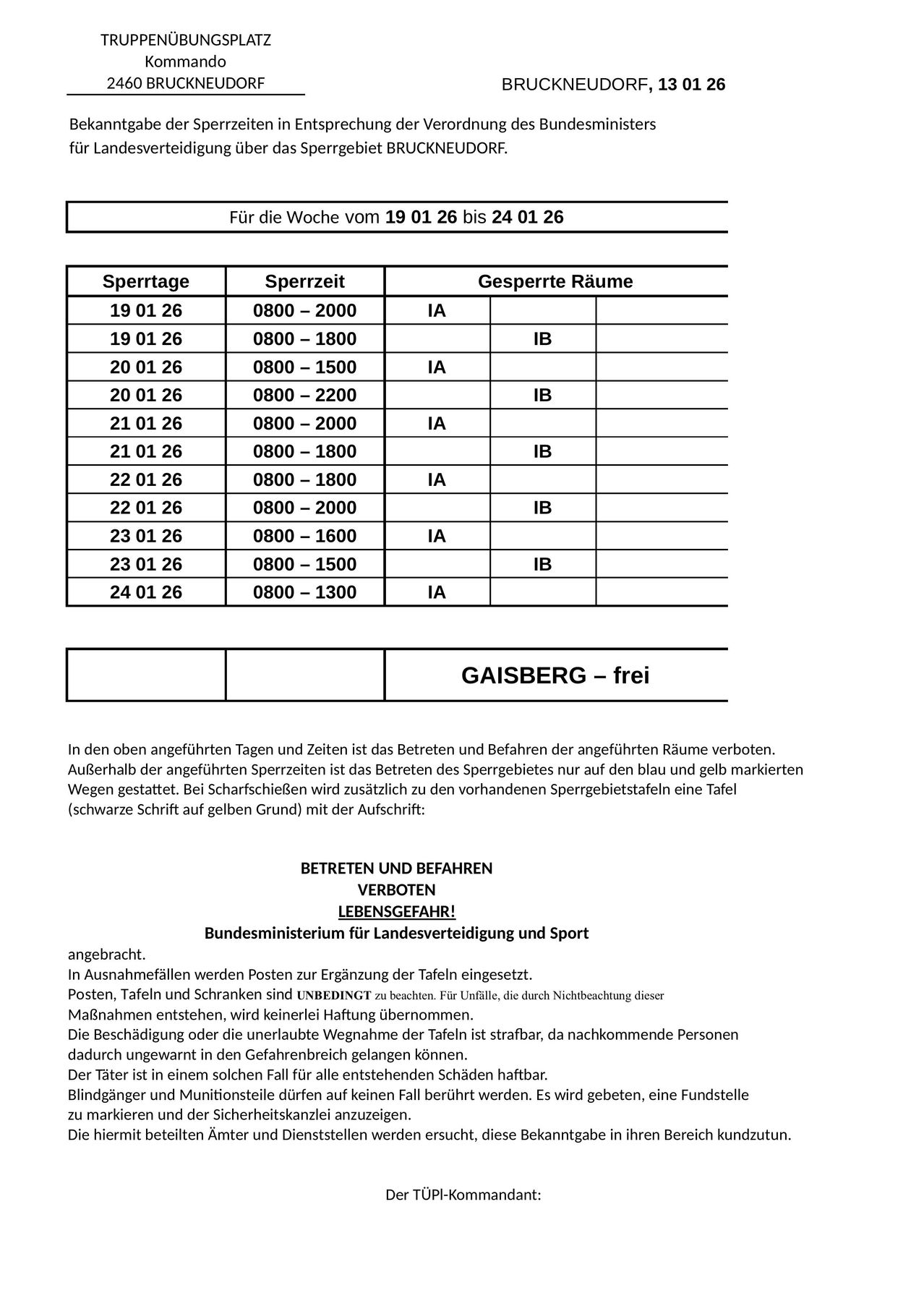 Das Bild zeigt eine Tabelle für die Woche vom 19.01.26 bis zum 24.01.26. Sie listet Tage, Zeiten und gesperrte Räume auf. Eine Mitteilung gibt auch an, dass der Zugang und die Nutzung dieser Räume verboten sind.
