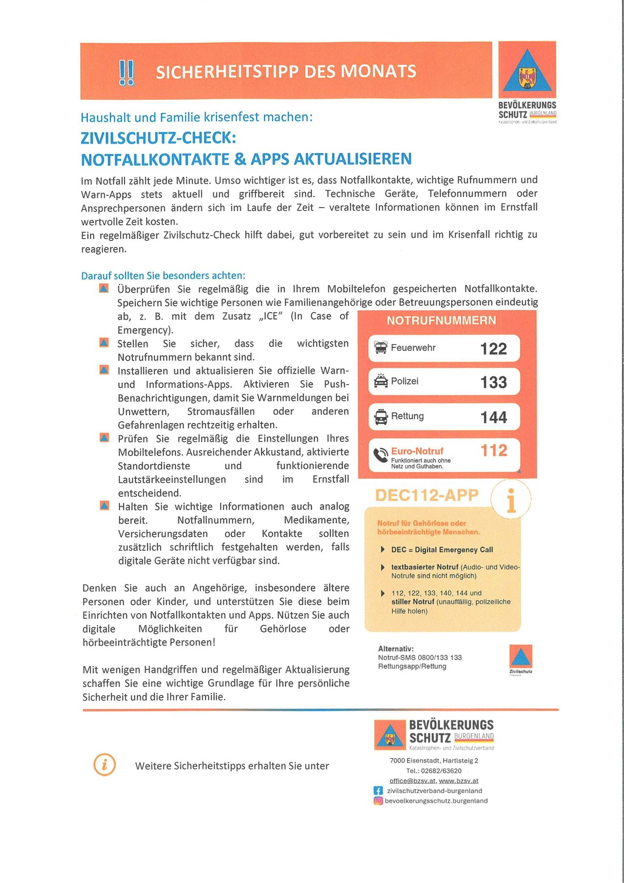 Infographic titled 'Civil Protection Check: Emergency Contacts & Apps Update'. It emphasizes the importance of keeping emergency contacts and emergency apps up-to-date. It lists emergency numbers, advises installing official emergency information apps, and suggests testing emergency phone calls and devices. It also recommends keeping important information in analog form. The infographic includes an emergency app contact for DEC112.