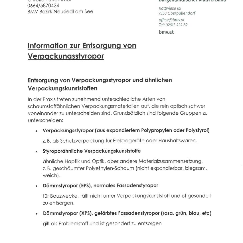 Dokument mit Informationen zur Entsorgung von Verpackungsstyropor und ähnlichen Verpackungsmaterialien. Verschiedene Arten von Styropor und ihre Entsorgungshinweise werden erläutert.