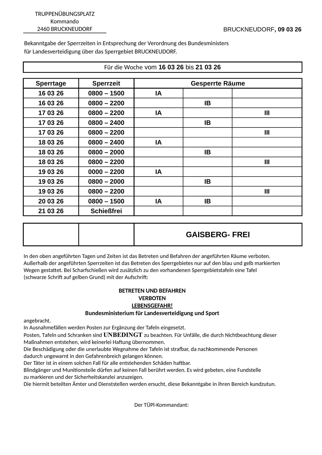 Das Dokument zeigt einen Zeitplan für eine Sporteinrichtung vom 16. März bis 21. März 2026. Es enthält Buchungszeiten, Raumzuweisungen und Hinweise zu Einschränkungen und Sicherheit. Es enthält auch allgemeine Nutzungsregeln und Strafen für Schäden.