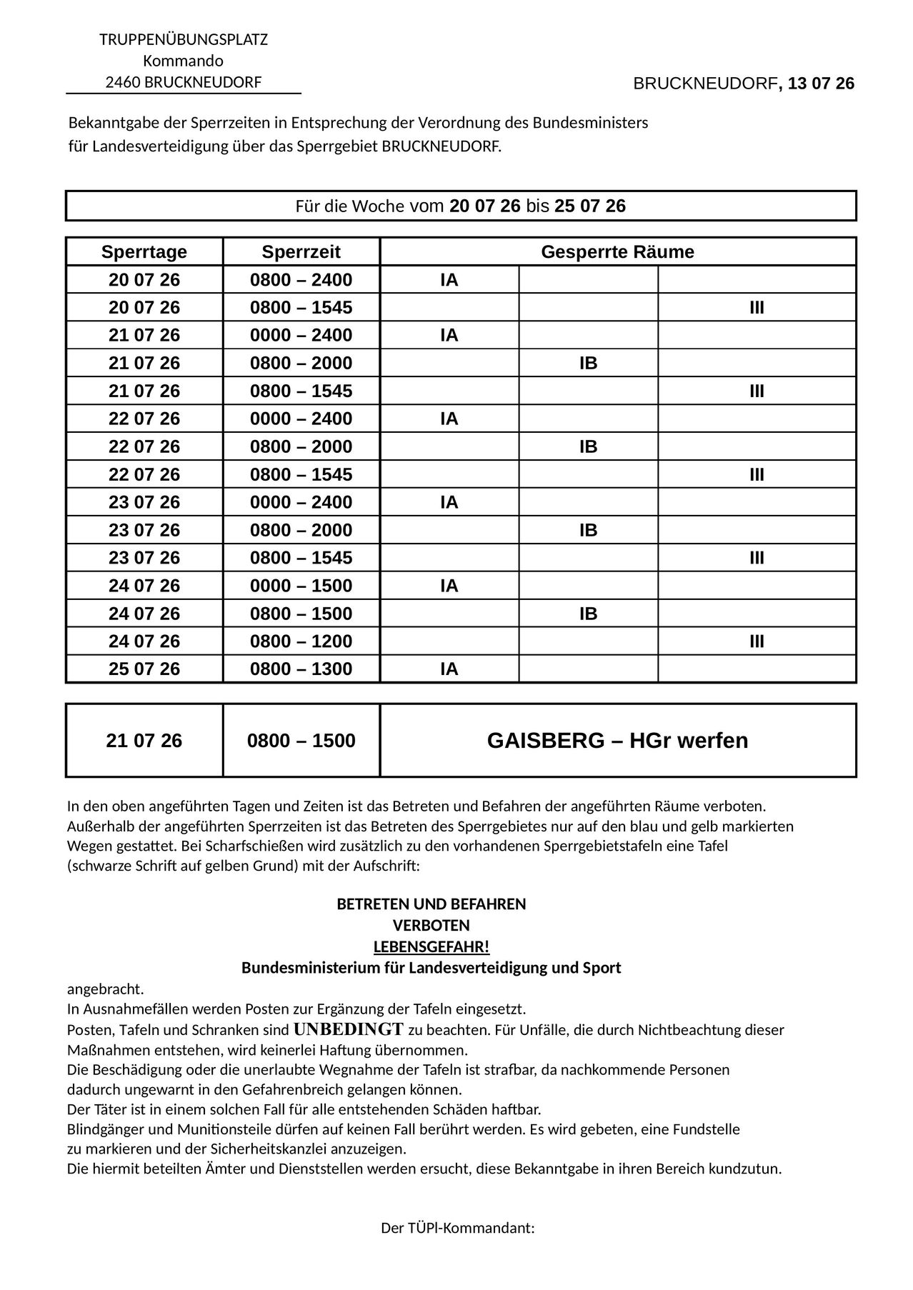 A table showing a schedule of opening times for various rooms from July 20 to July 25, 2026, with specific times and room numbers listed.