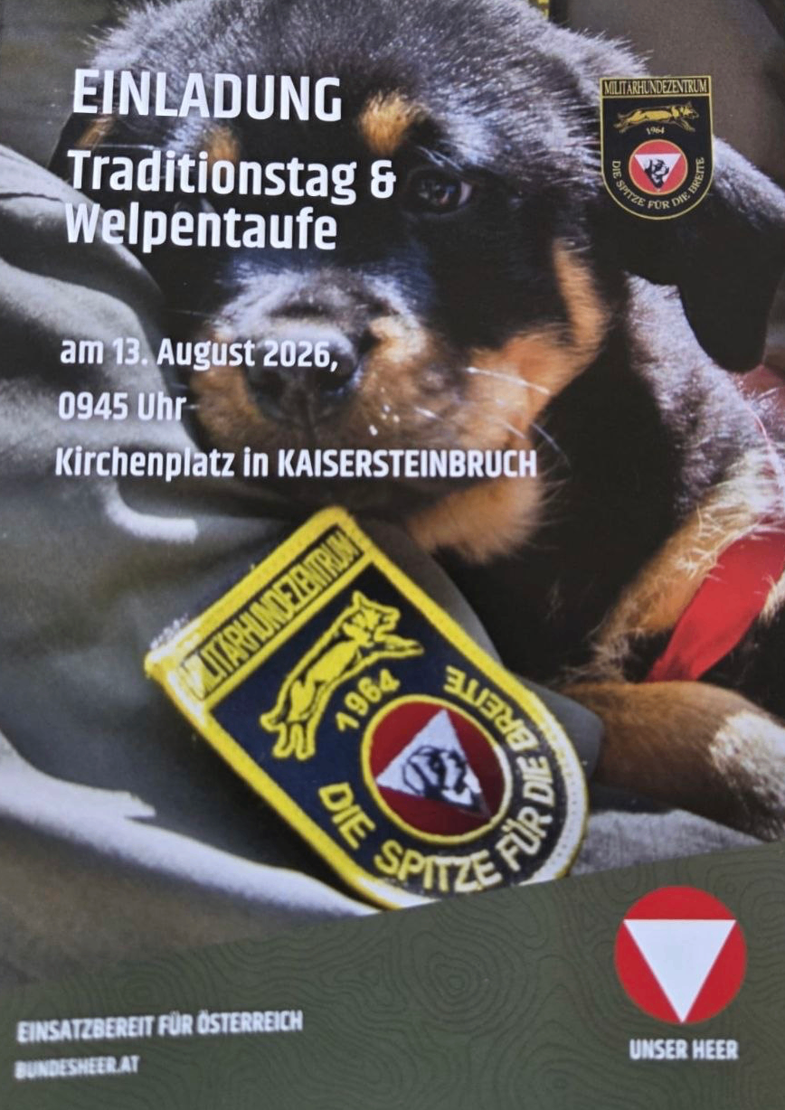 Ein Plakat mit einem deutschen Schäferhund und einem Abzeichen, das 'DIE SPITZE FÜR DIE' und die Details für 'Traditionstag & Welpentaufe' am 13. August 2026 um 09:45 Uhr auf dem Kirchplatz in Kaisersteinbruch zeigt.