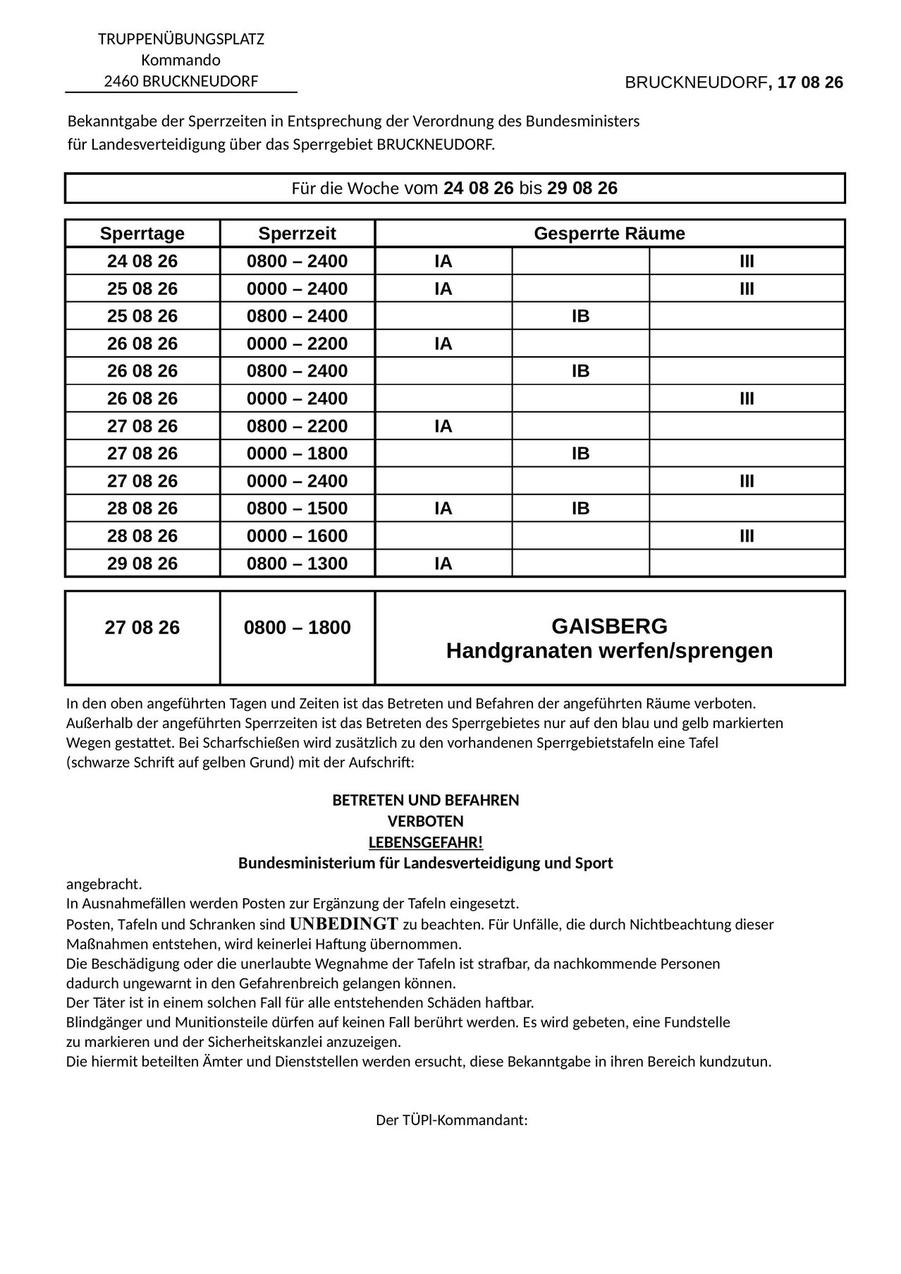 Eine Tabelle zeigt den Zeitplan für Sperrtage und Sperrzeiten für verschiedene Räume, gekennzeichnet durch IA, IB und III. Die Daten reichen von 24. August bis 29. August 2026. Die Tabelle enthält Spalten für Datum, Zeit und Raum. Der Text unter der Tabelle besagt, dass der Betrieb und die Nutzung der Räume verboten sind.