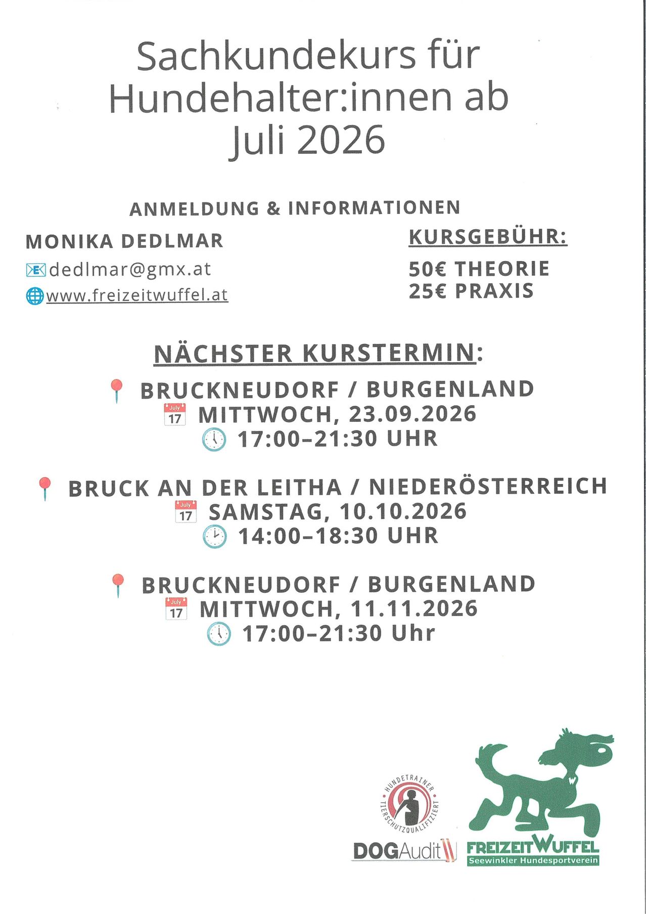 Ein Flyer für bevorstehende Kurstermine im Jahr 2026 mit Orten und Zeiten. Die Kursgebühr beträgt 50€ für Theorie und 25€ für Praxis. Kontaktieren Sie Monika Dedlmar per E-Mail oder Website.