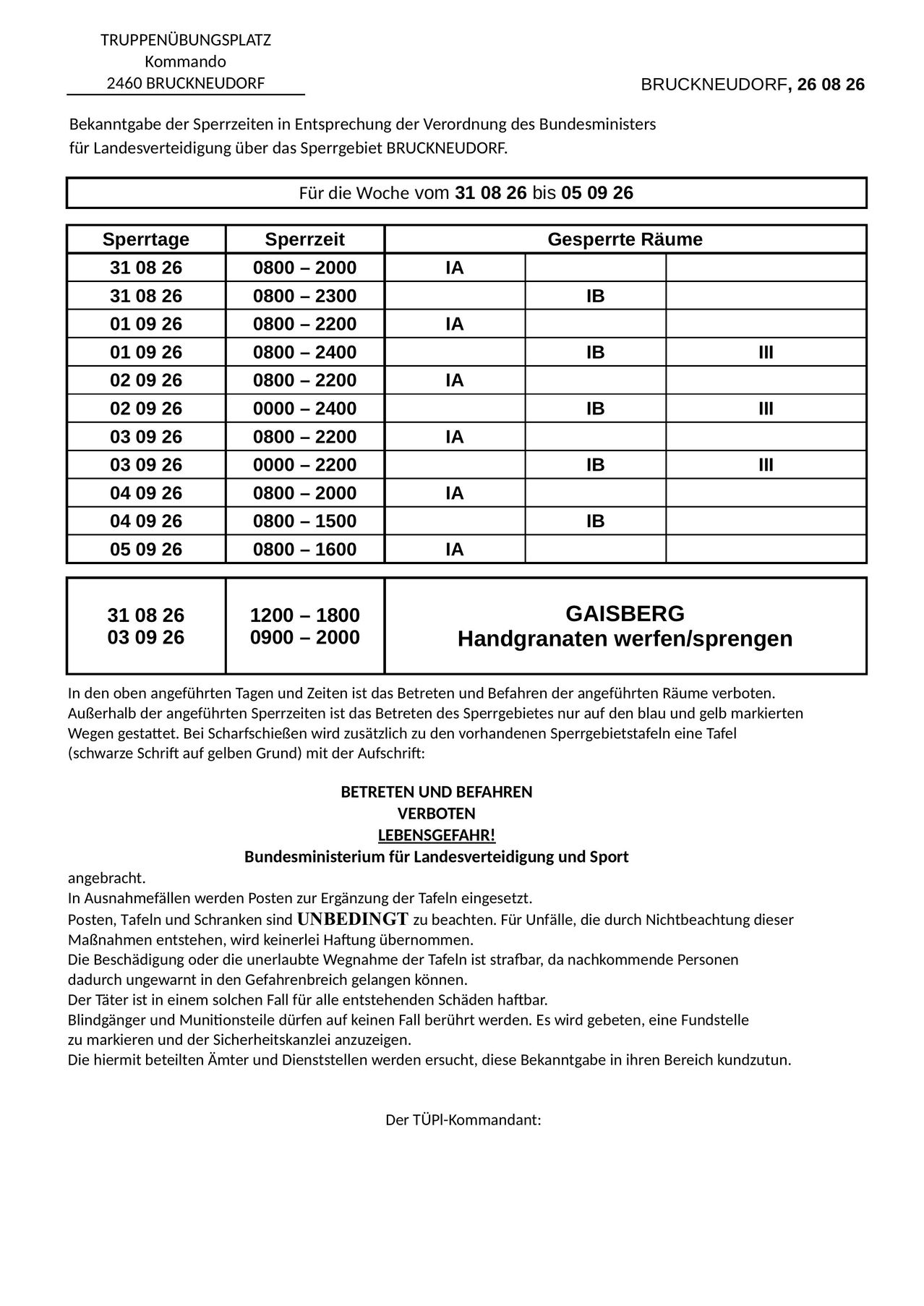 Eine Tabelle mit den Zeiten und Daten für die Nutzung von Sportanlagen und eine Mitteilung des Bundesministeriums für Inneres und Sport, die den Zugang und die Nutzung der Anlagen zu bestimmten Zeiten und Daten verbietet.
