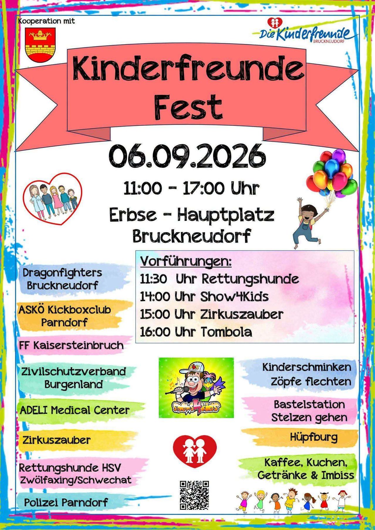 Plakat für das Bruckneudorf Fest am 6. September 2026 von 11:00 bis 17:00 Uhr am Erse Hauptplatz. Veranstaltungen umfassen eine Rettungshundevorführung, Kindershow, Zirkuszauberer und Tombola. Sponsoren sind Dragonfighters Bruckneudorf, ASKö Kickboxclub Parndorf, FF Kaisersteinbruch, Zivilschutzverband Burgenland und ADELLI Medical Center.