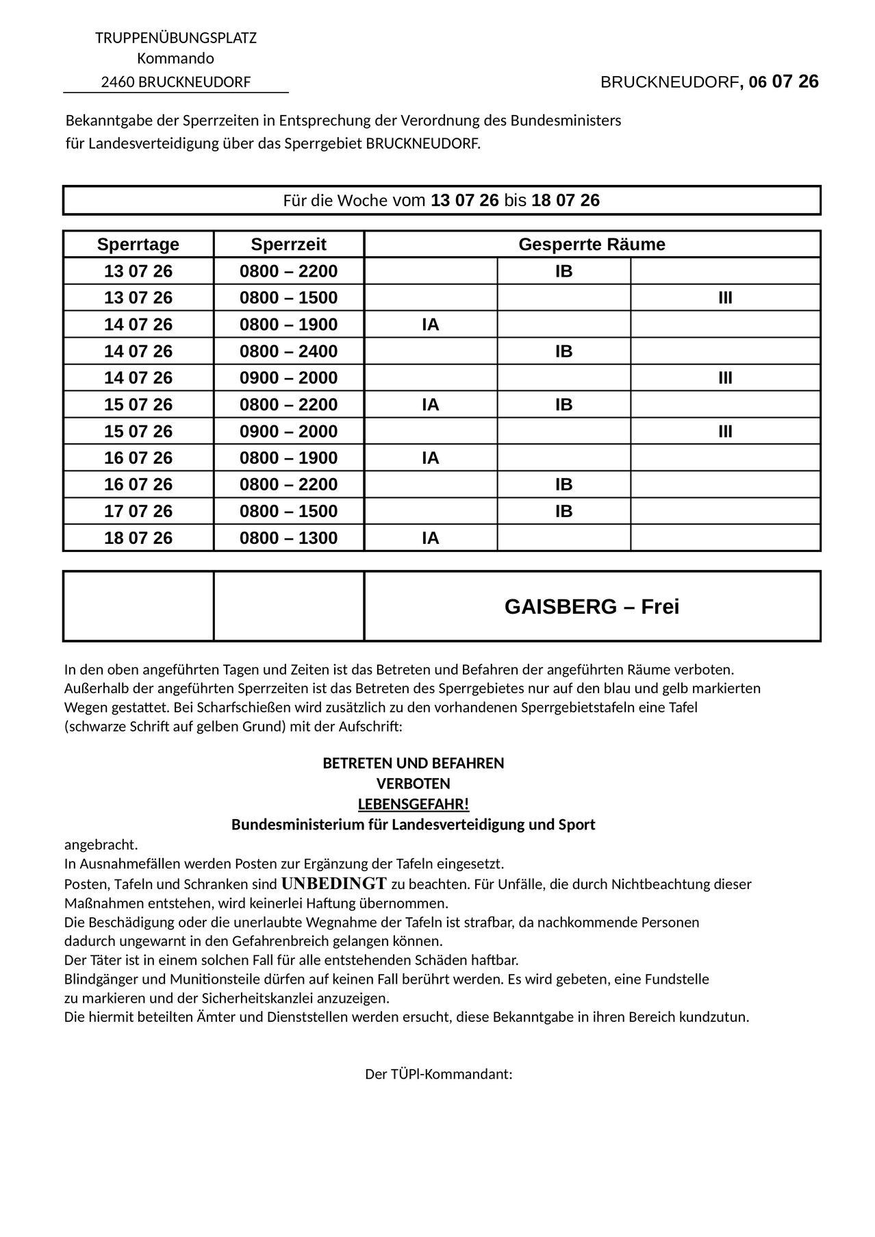 The image shows a table of lockable rooms for a week, detailing times and areas. A warning about damage and liability is also included.