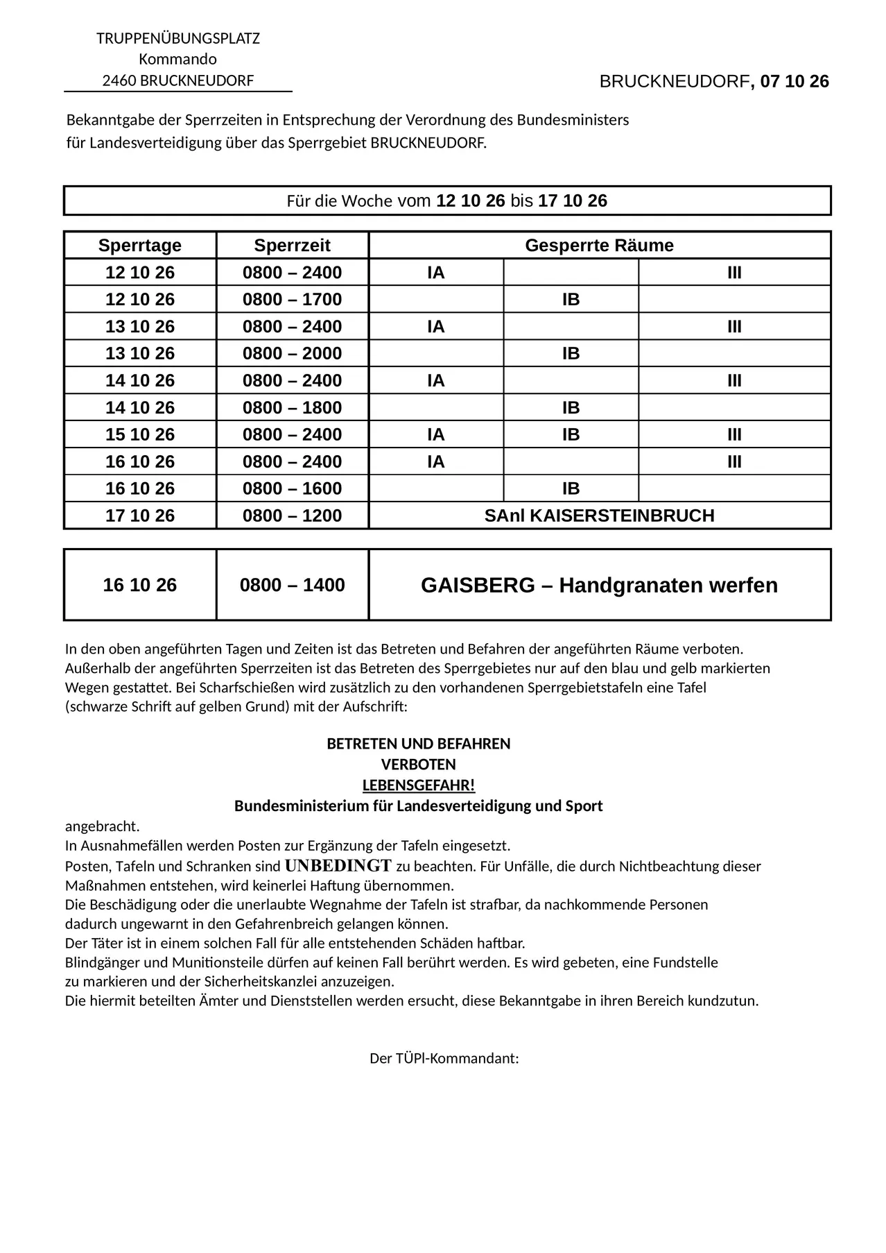 Ein Dokument mit einer Tabelle, die Daten, Zeiten und Orte für den eingeschränkten Zugang auflistet, herausgegeben vom Bundesministerium für Verteidigung und Sport.