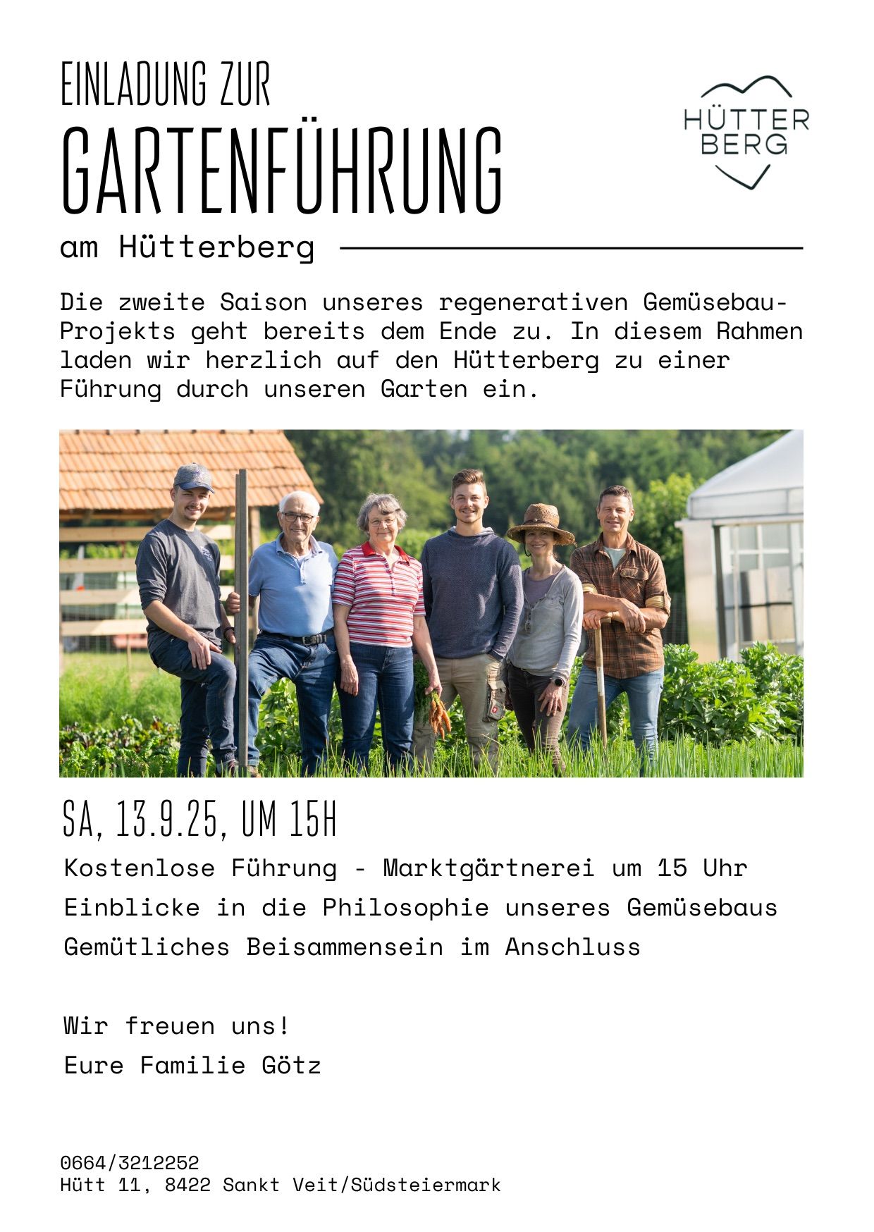 Plakat für eine Gartenführungsveranstaltung am 13. September 2025. Es zeigt eine Gruppe von Menschen in einem Garten mit einem Marktgarten in der Nähe. Die Veranstaltung umfasst eine Führung, Einblicke in die Philosophie des Gemüseanbaus und ein geselliges Beisammensein.