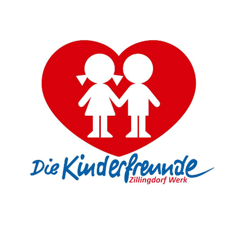 Logo der 'Die Kinderfreunde' mit zwei Kindern, die Händchen halten, in einem roten Herz, darunter der Text 'Zillingdorf Werk' in Blau.
