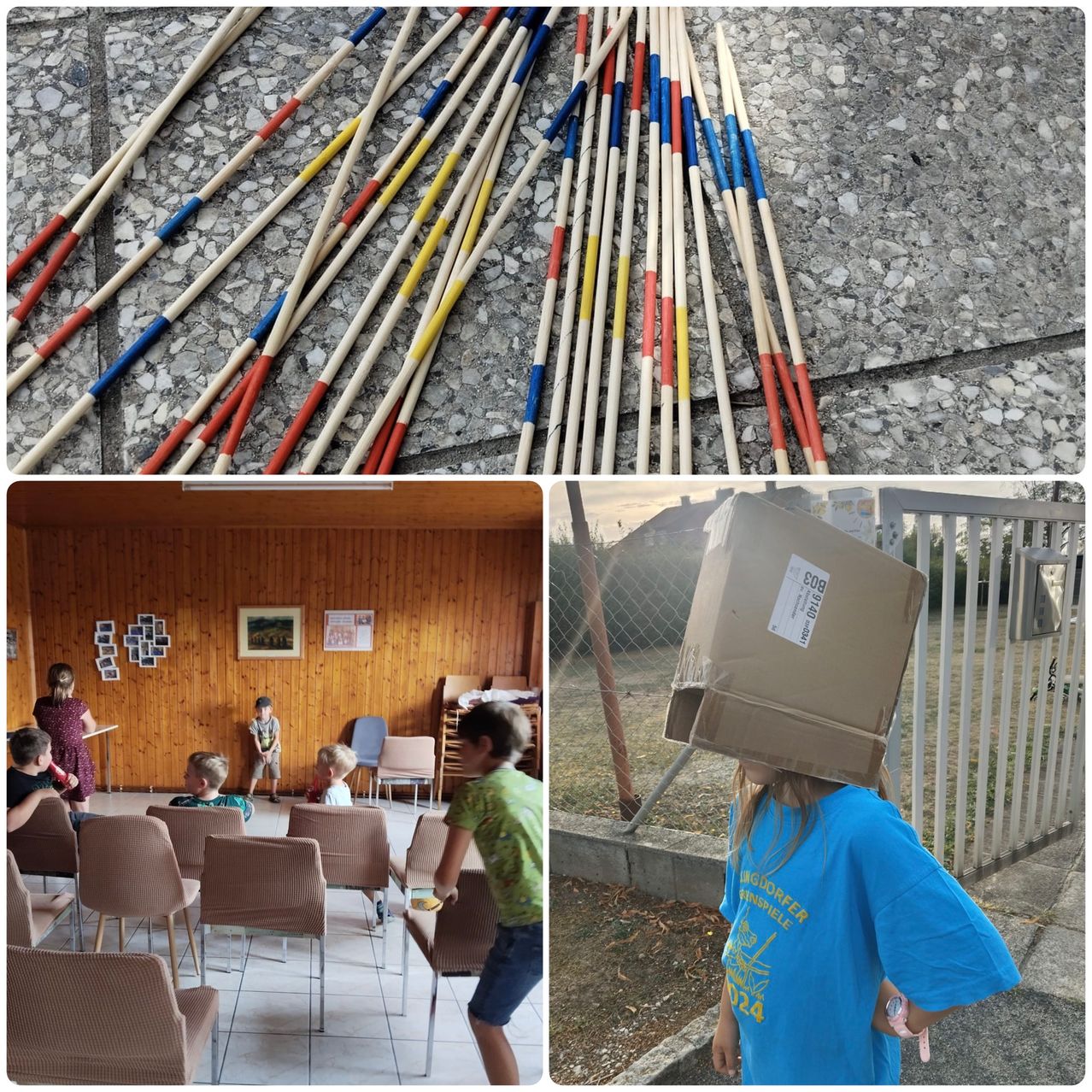 Drei Bilder: farbige Stöcke, ein Klassenzimmer mit Kindern und ein Kind mit einer Kiste auf dem Kopf.
