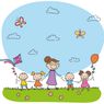 Eine Mutter mit Brille hält die Hände von fünf Kindern. Sie fliegen einen Drachen und einen Ballon. Schmetterlinge und Wolken sind am Himmel.