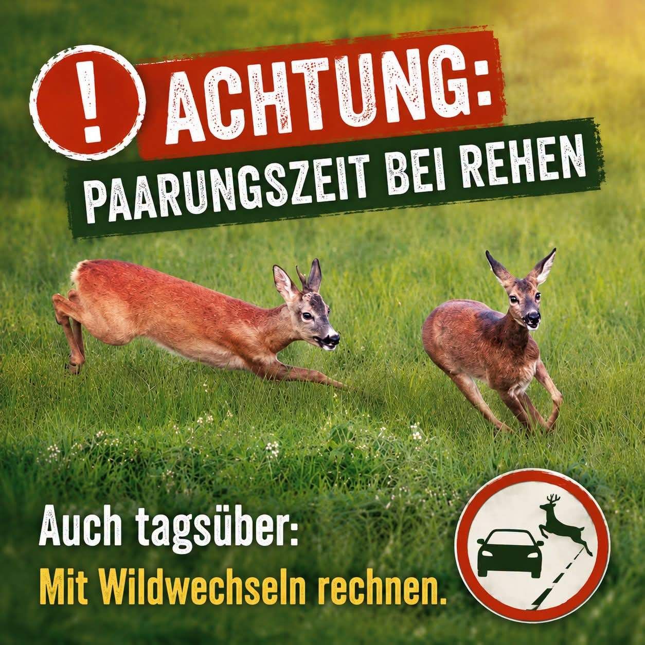 Ein Warnschild über die Paarungszeit der Rehe in einem Grasfeld. Zwei Rehe rennen, und ein Reh-Symbol befindet sich auf einem Straßenschild.