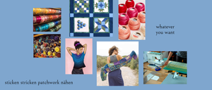Die Bilder zeigen verschiedene Bastelarbeiten, darunter eine Decke, Garnrollen, Knöpfe, eine Frau beim Stricken und eine Nähmaschine mit Materialien.
