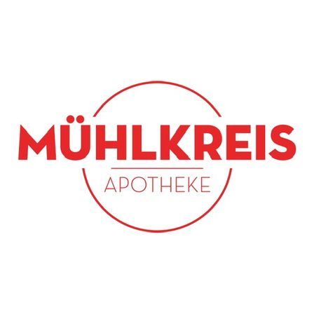 Das Logo für Mühlkreis Apotheke ist auf weißem Hintergrund dargestellt. Es zeigt ein stilisiertes, kreisförmiges Design mit rotem Text.