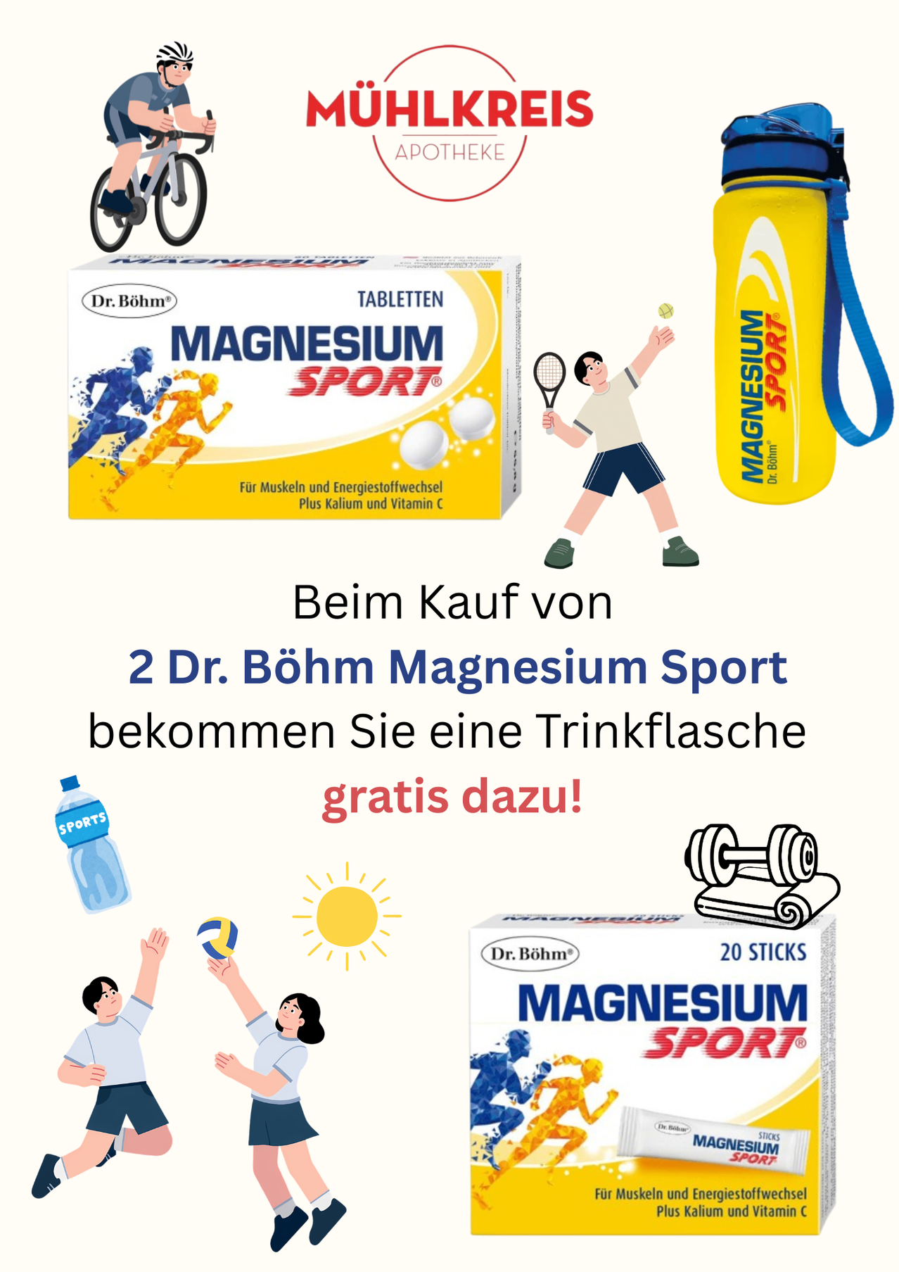 Buy two packs of Dr. Bohm Magnesium Sport and receive a free sports bottle. The product is for muscle and energy metabolism, with additional potassium and vitamin C.