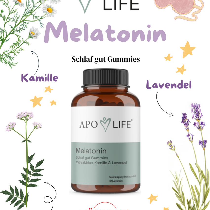 Apo Life Melatonin sleep gummies bottle with chamomile and lavender illustrations on a white background.