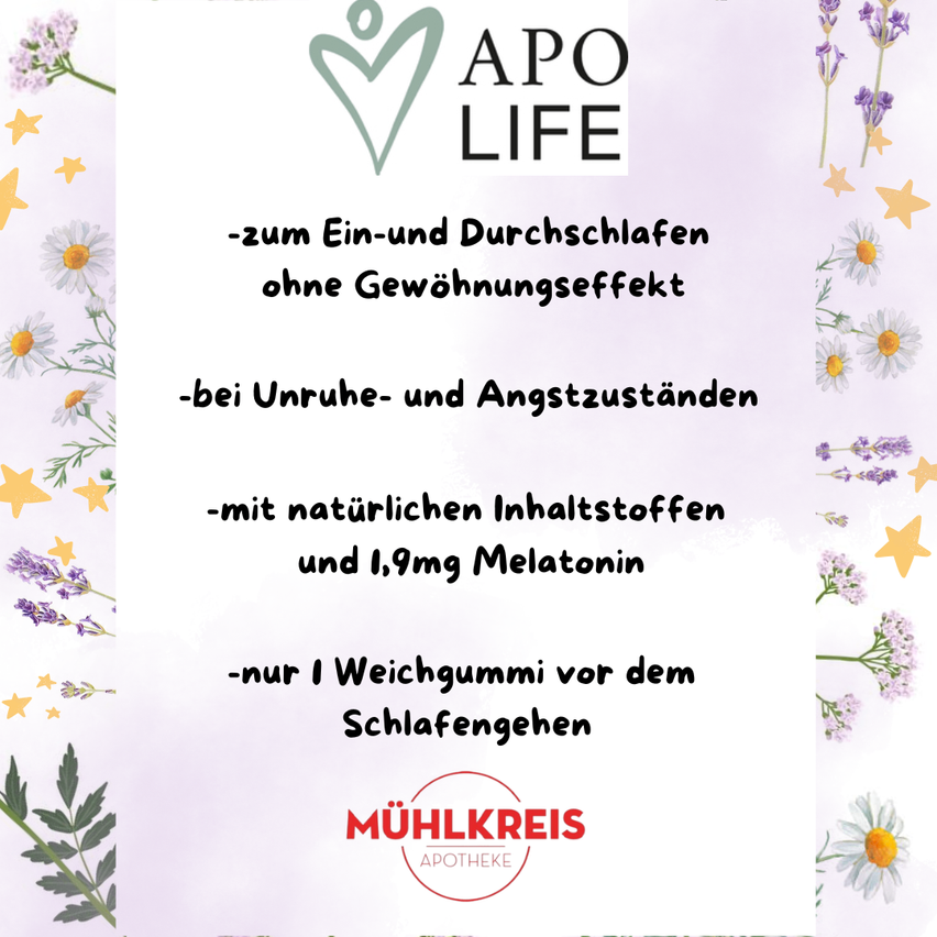 A poster advertising APO LIFE sleep gummies with natural ingredients and melatonin. It highlights benefits for falling asleep and staying asleep without dependency.