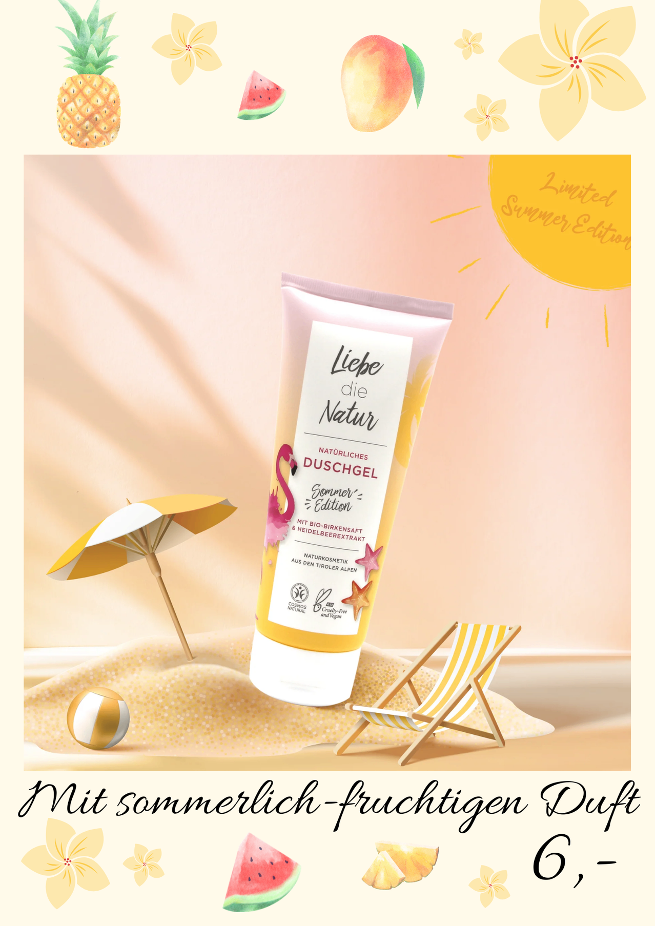Eine Illustration eines Sommerprodukts, das eine Tube Duschgel, einen Strandschirm und einen Strandstuhl vor einem rosa und gelben Hintergrund zeigt.