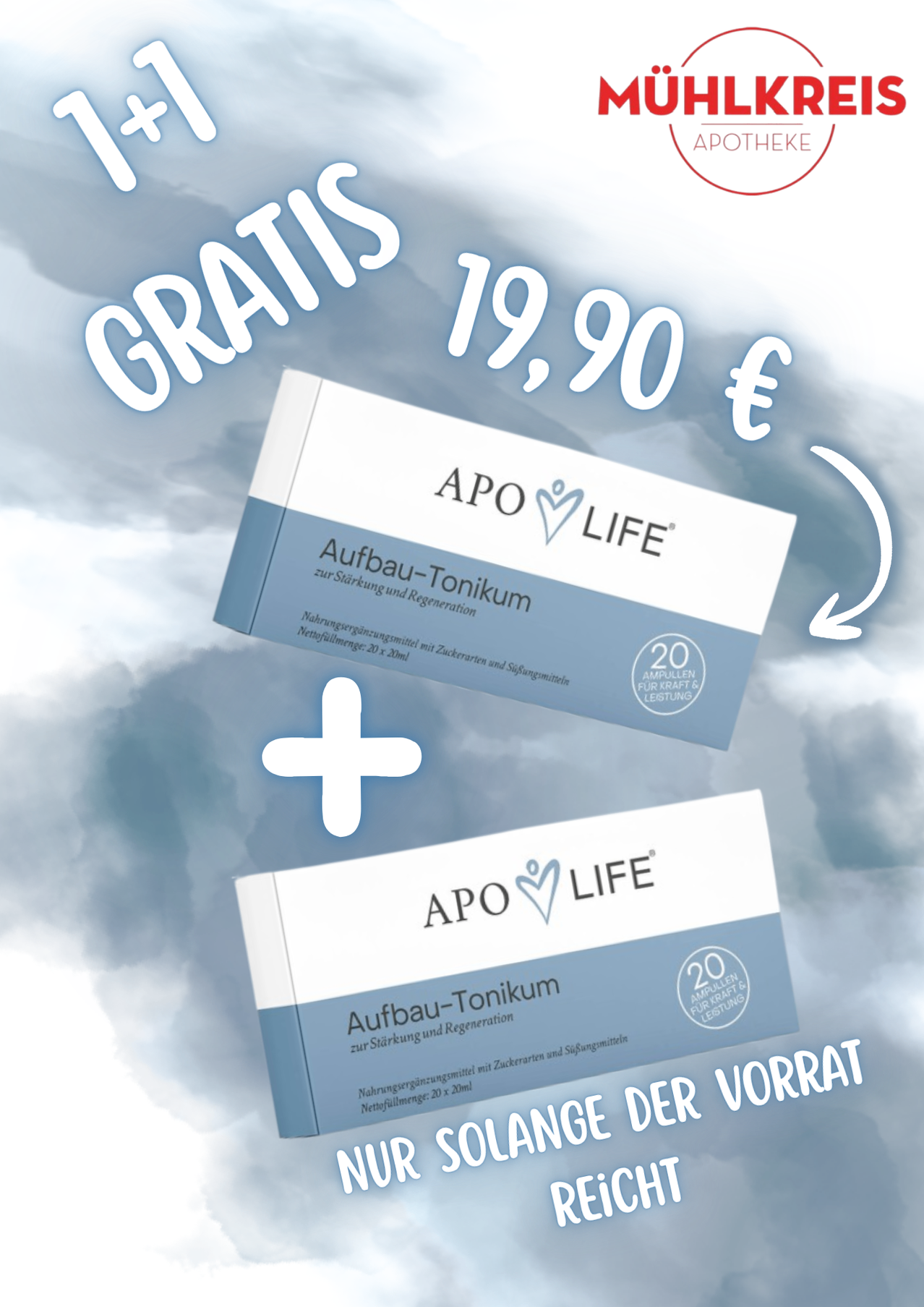 An advertisement for Apo Life, featuring two boxes of Aufbau-Tonikum, priced at 19.90 euros, with a plus sign indicating an additional offer.