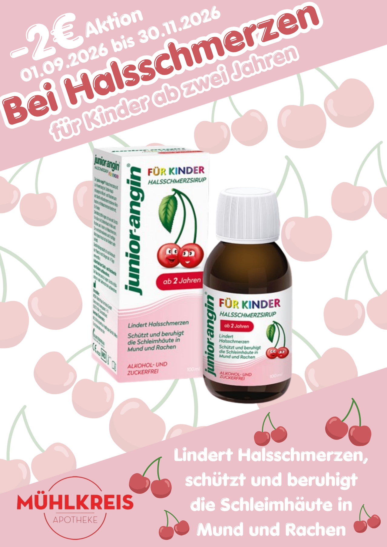 A bottle of Juniorangin for children, a throat syrup for children aged 2 and up, with a box of the product in the background.