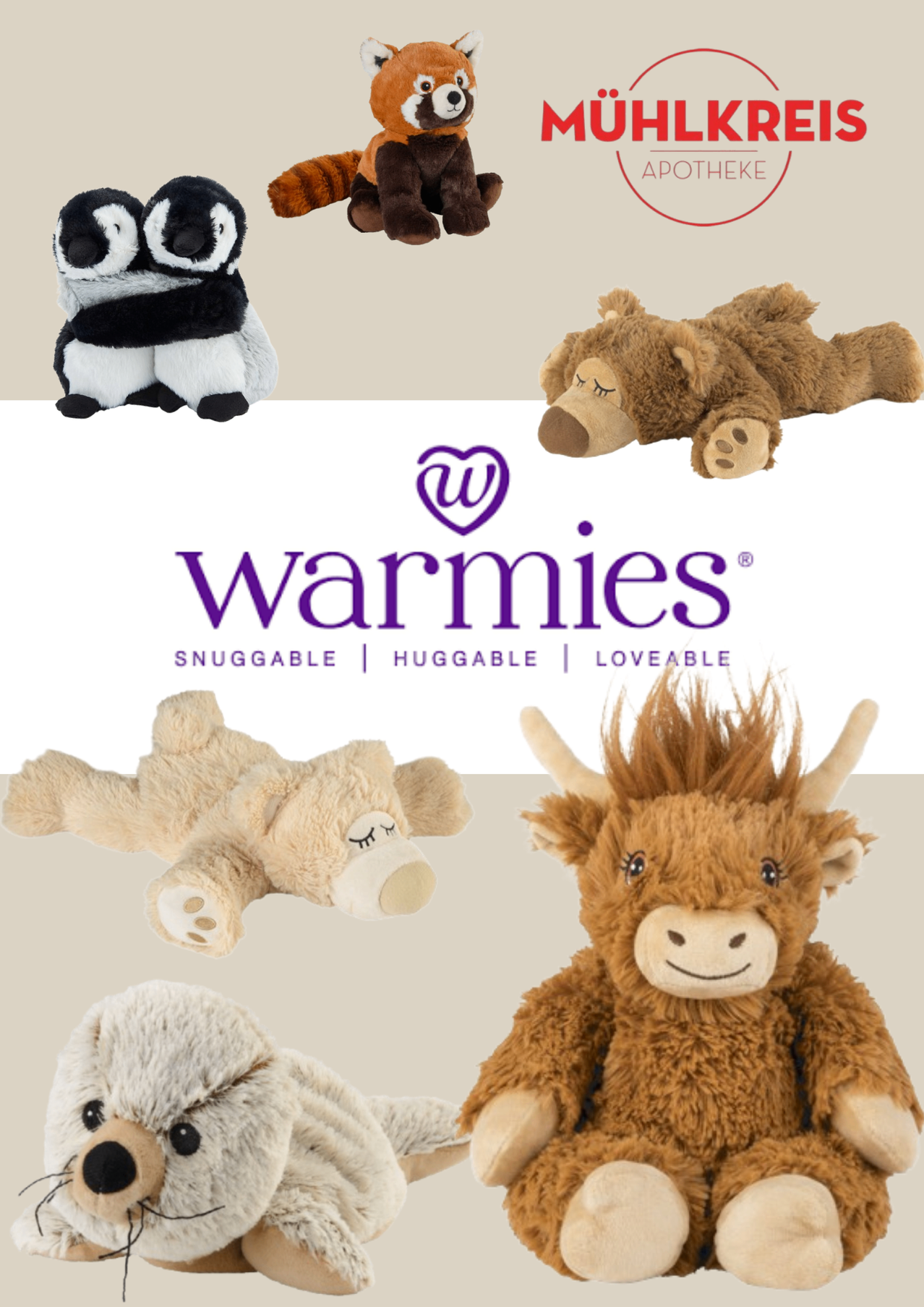 Eine Sammlung von Plüschtieren, darunter ein Pinguin, ein Bär und eine Kuh. Das Warmies-Logo ist prominent angebracht.