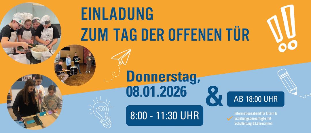 Eine Einladung zum Tag der offenen Tür am Donnerstag, 08.01.2026, von 8:00 bis 11:30 Uhr, mit einer Person im Hintergrund und einem Papierflugzeug-Symbol.