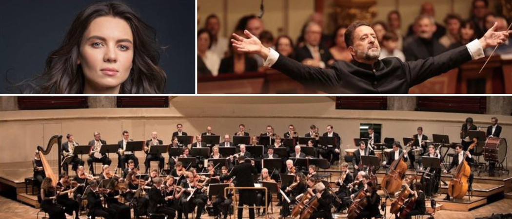 In der linken Bildhälfte ist eine Frau mit dunklem Haar zu sehen. In der rechten Hälfte dirigiert ein Mann ein Orchester.