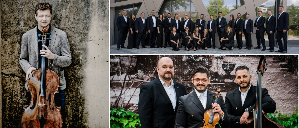 Eine Collage von Musikern: ein Cellist, eine Gruppe in formeller Kleidung und zwei Geiger mit einem Mann in einer Brille.