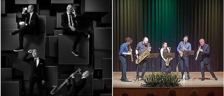 Vier Musiker spielen auf der Bühne bei einer Aufführung, wobei ein Publikum zuschaut. Die Bühne ist mit Vorhängen und einer Pflanze geschmückt. Ein Musiker spielt Saxophon.