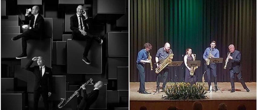 Vier Musiker spielen auf der Bühne bei einer Aufführung, wobei ein Publikum zuschaut. Die Bühne ist mit Vorhängen und einer Pflanze geschmückt. Ein Musiker spielt Saxophon.