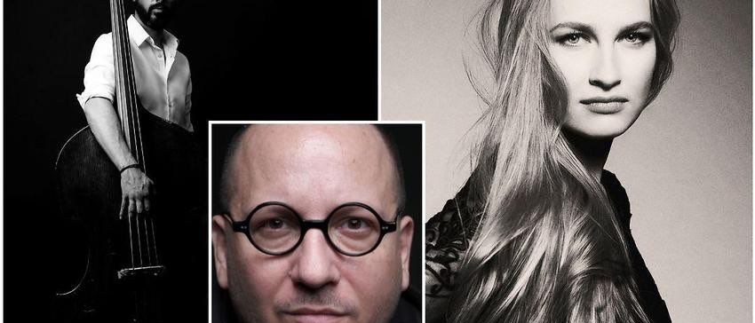 Ein schwarz-weißes Foto-Collage von drei Personen. Ein Mann mit Bart spielt Cello. Ein Mann mit Brille schaut nach vorne. Eine Frau mit langen Haaren posiert für ein Bild.