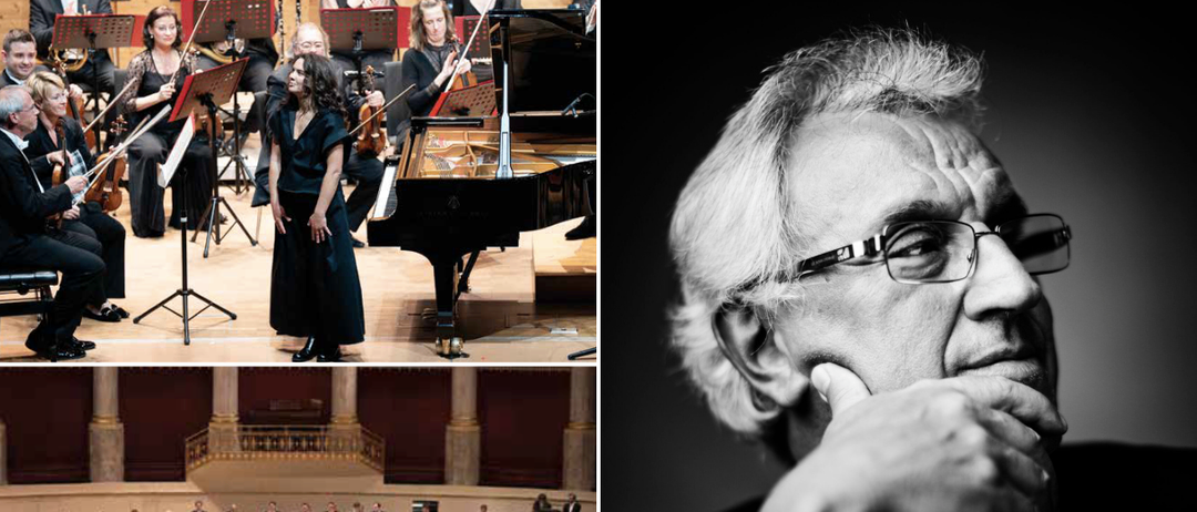 Eine Musikerin steht neben einem Flügel, während ein Orchester spielt. Ein weiteres Bild zeigt einen Dirigenten mit der Hand am Kinn.